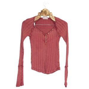 Free People Top Long Sleeve Henley Thermal Ribbed V Neck Rust Red Small